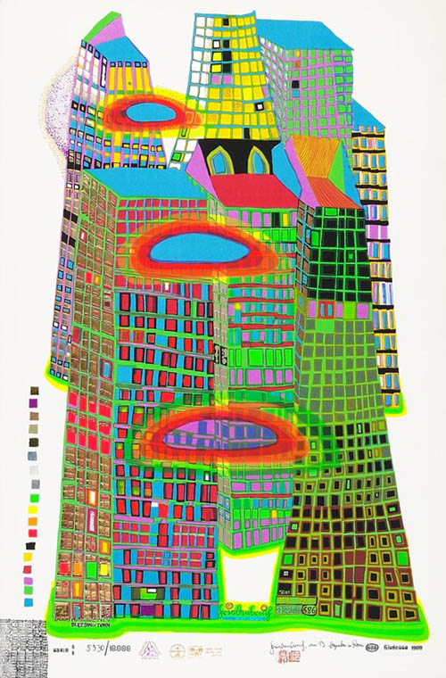 Hundertwasser - Good Morning City - Bleeding Town - series EE - 1969 color screenprint